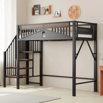 Produktbild von Merax Etagenbett Hochbett 90x200 aus Metall, Kinderbett mit Patchwork-Zaun und Fenster, Stauraumtreppe, Metallbett stabil und modern,Weiß Schwarz