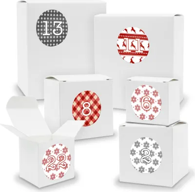 Produktbild von Adventskalender zum Füllen 24x Quader Würfel gemischt WEISS + Sticker (V01 Z07)