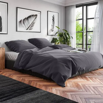 Produktbild von Wolkenfeld Bettwäsche 220x240 Baumwolle Grau - Atmungsaktiv - 3teilig - 1x Bettbezug 220x240 + 2X Kissenbezug 80x80 - Anthrazit
