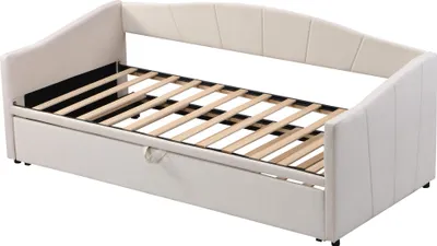Produktbild von Polsterbett Ausziehbares Schlafsofa 90 x 200 cm  mit Lattenrosten, Multifunktionsbett aus hautfreundlichem Samtstoff Beige