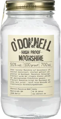 A clear, front-facing shot of a glass bottle of O'Donnell Moonshine.