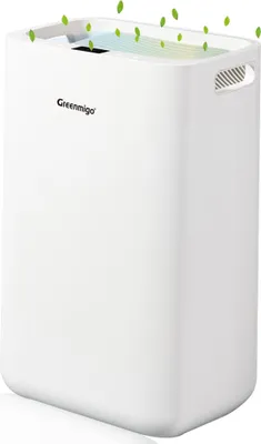 A white dehumidifier with green leaves floating around the top.