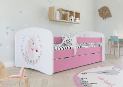 Produktbild von Kinderbett Jugendbett 70x140 cm Rosa mit Matratze Rausfallschutz Schublade und Lattenrost Kinderbetten für Mädchen und Junge - Einhorn