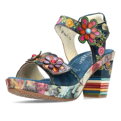 Produktbild von Laura Vita Damen Sandalette Leder Blüte Blockabsatz Klettverschluss Nellao 05, Größe:39 EU, Farbe:Blau