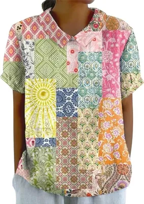 Produktbild von Bluse Damen Sommer, Elegant Leinenbluse Einfarbig Blusenshirt Revers Rundhals Leinenhemd Blumendruck Oberteile Lose Pullover
