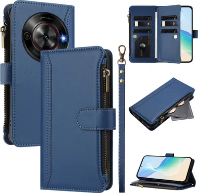 Image de Etui pour ZTE Blade A73 5G/Nubia Focus, zippé, étui portefeuille en cuirPolyuréthaneavec poches pour cartes, support et dragonne bleu