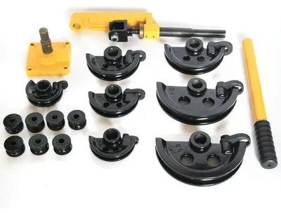 Immagine prodotto di Piegatubi manuale - Piegatubi per acciaio 10–25 mm - Angolo di piegatura 0–180° - 14 matrici - Utensile industriale - Giallo e nero