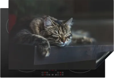Produktbild von KitchenYeah© Herdabdeckplatte Katze liegt schlafend auf einem schwarzen Tisch , 76x51cm, Küche Deko, Glaskeramikkochfeld Herdabdeckung, Abdeckplatte fùr Kochfeld