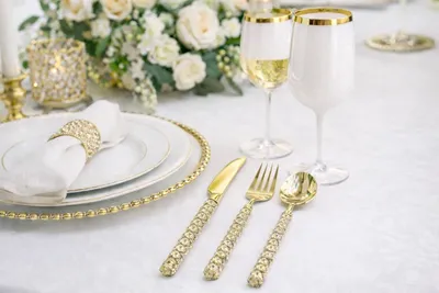 Produktbild von Kunststoff-Besteck-Set, 36-teilig, glitzerndes Gold, wiederverwendbar, für Feiern