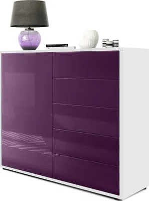 Produktbild von Vladon Sideboard Ben V2,  Germany, Kommode mit 1 Tür und 5 Schubladen, Weiß matt/Brombeer Hochglanz (79 x 74 x 36 cm)