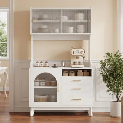 Produktbild von STILVORA Buffetschrank mit mehrstufigem Stauraum, Hochschrank mit Steckdose, Esszimmerschrank mit USB-C/USB-A-Anschlüssen, Weiß