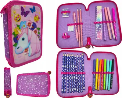 Image de Trousse scolaire Emoji licorne rose avec équipement complet