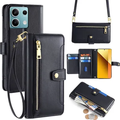 Produktbild von Handykette Xiaomi Hülle mit Band Handyhülle Kartenfächer Kunstleder Umhängetasche Redmi Note 13 4G Schwarz