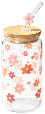 Trinkglas mit Deckel und Strohhalm, 454 ml, Blumenmuster