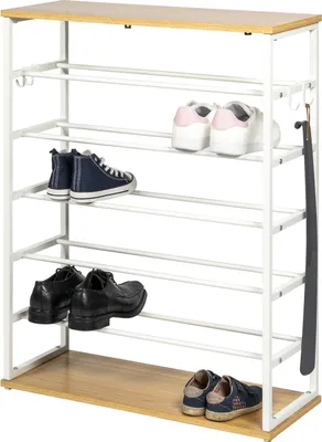 Immagine prodotto di scarpiera aperta eluno per 18 paia di scarpe in metallo bianco opaco con 2 ripiani in legno, piedini regolabili in altezza, 4 ganci per borse, calzari e ombrelli, porta scarpe, scarpiera, mobile per scarpe, contenitore per scarpe, organizzatore di scarpe