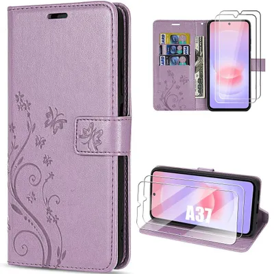 Image de Coque + 2 Verres Trempés pour Samsung Galaxy A37 5G, Antichoc Synthécuir Motif Papillon Violet