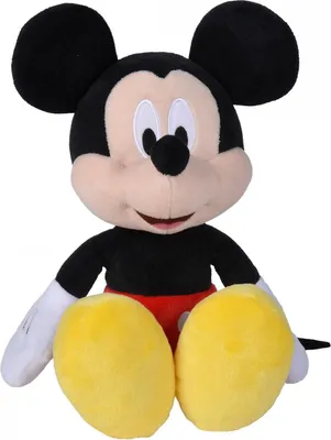 A plush toy of Mickey Mouse sitting down against a white background.