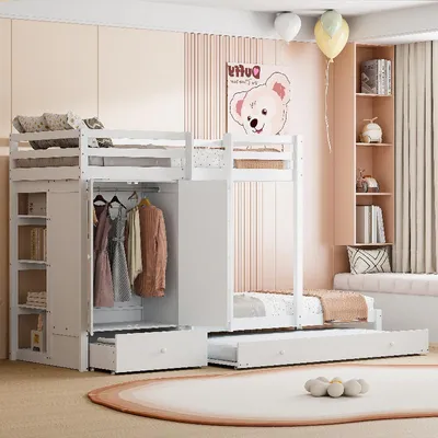 Immagine prodotto di Letto a castello 90x200 cm in legno massello, con letto estraibile, armadio, cassetti e ripiano, letto bianco per cameretta