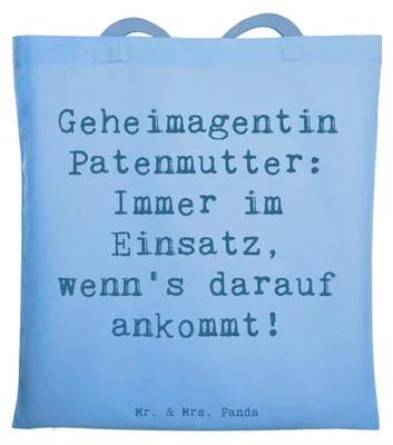 Produktbild von Mr. & Mrs. Panda Schultasche Spruch Geheimagentin Patenmutter - Sky Blue - Geschenk, Büchertasche, Handarbeit, Tasche, Einkaufstasche, Geschenke für Paten, Liebe, Freude