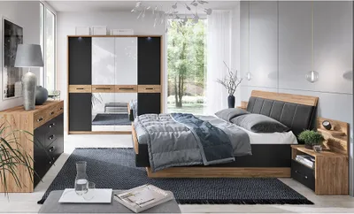 Produktbild von Schlafzimmer Set 5-teilig MANAGUA-129 mit Bett 140x200 in Eiche mit schwarz matt