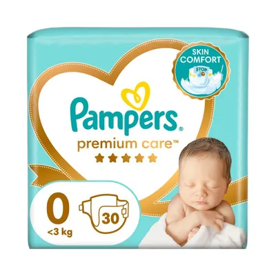 A package of Pampers Premium Care diapers for newborns, featuring an image of a sleeping baby.