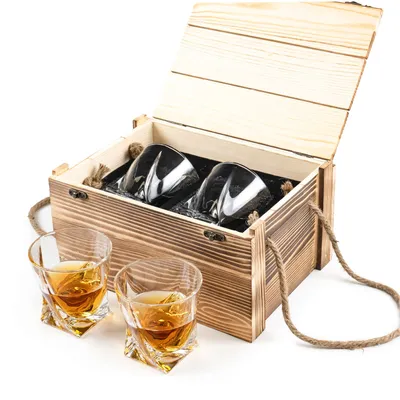 Immagine prodotto di Set di bicchieri da whisky (x2 270ml) in una scatola di legno per scotch, cocktail, rum, bourbon, cognac, vodka e liquore - Regali esclusivi per uomini
