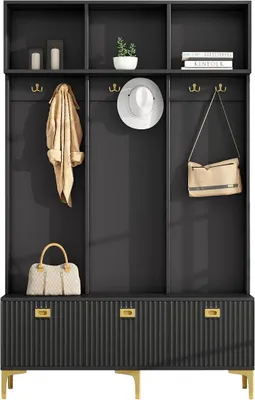 Produktbild von Garderobenschrank mit Sitzbank, Garderobe Set mit 6 goldenen Haken und Ablagefächer - Flurgarderobe in Schwarz/Gold - 120x40x191.5 cm