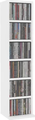 A tall, narrow white shelf unit filled with CDs.