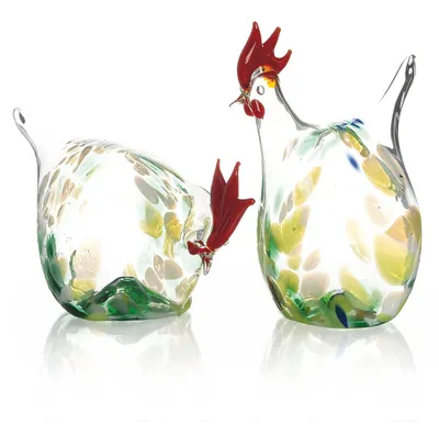 Immagine prodotto di Set di due statuette di galline in vetro, colore verde.