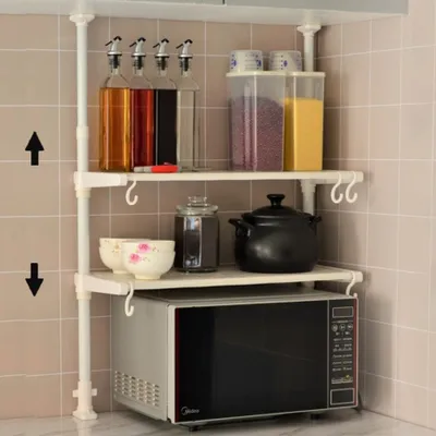 Produktbild von Küchenregal, 2-Stufig Standregal, Mikrowellenständer mit 5 S-Haken, Höhenverstellbares Gewürzregal, ohne Bohren Mikrowellen Regal, Kohlenstoffstahl