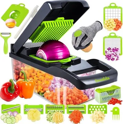 Produktbild von 18-in-1 Gemüseschneider, Mandoline-Gemüseschneider, Multifunktionales Gemüseschneidegerät mit 7 Schneideaufsätzen, Schutzhandschuh, Reinigungsbürste und Sparschäler