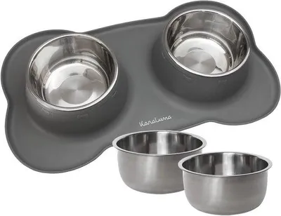 Produktbild von Edelstahl-Futternapf mit Silikon-Unterlage für Katzen und Hunde (850ml, Grau)
