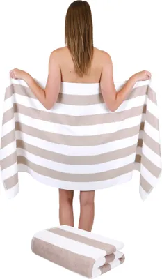 Produktbild von Betz 2 Stück XXL Saunatücher 70 x 180 cm STREIFEN BERLIN  Badetuch 100% Baumwolle Farbe – weiss/cappuccino