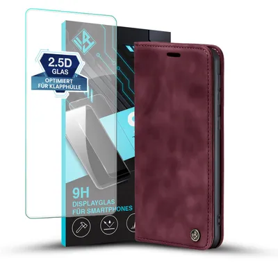 Produktbild von Handy Hülle für Samsung Galaxy A52 / A52 5G / A52s 5G mit 9H Displayglas Klapphülle Bookcase Flip Cover Handy Tasche Etui Farbe: Weinrot