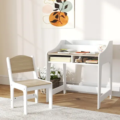 Image de Ensemble bureau et chaise pour enfant, bureau avec espace de rangement, étagères ouvertes, en MDF, bois naturel | 60 x 48 x 68 cm | Adapté aux enfants de 3 à 8 ans