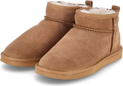 A pair of brown ankle boots with white fur lining.