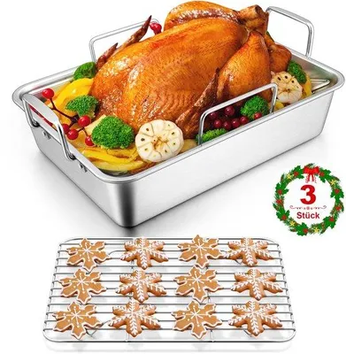 Immagine prodotto di Set di teglie da forno e pentole - Casseruola in acciaio con griglia a V - 35,7 x 26,7 x 9 cm