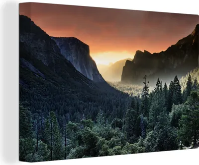 Obrázek produktu pro OneMillionCanvasses® - Obrazy na plátně - 140x90 cm, Mlhavý východ slunce v Yosemitském národním parku, nástěnný tisk Nástěnná dekorace - fotografie na plátně - malba na plátně
