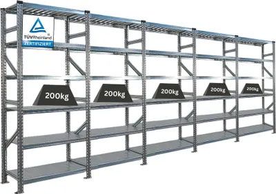 Produktbild von Fachbodenregal PROXIMO mit  Stecksystem | Komplettregal | HxBxT 210x450x40cm | 6 Ebenen | Beidseitig nutzbar | Verzinkt