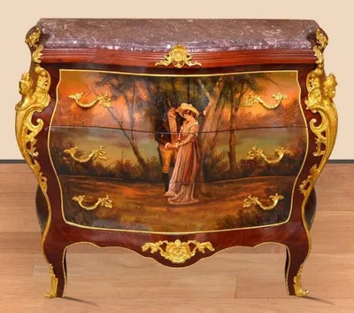 Produktbild von Casa Padrino Barock Kommode Braun / Gold / Rot - Handgefertigte Massivholz Kommode mit 3 Schubladen und Marmorplatte - Barock Möbel