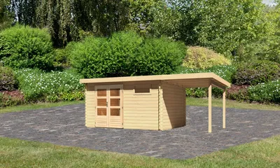Produktbild von Gartenhaus Blockbohlenhaus Gerätehaus Bastrup 8 im Set mit Anbaudach 2 m breit naturbelassen 569x297x220 cm