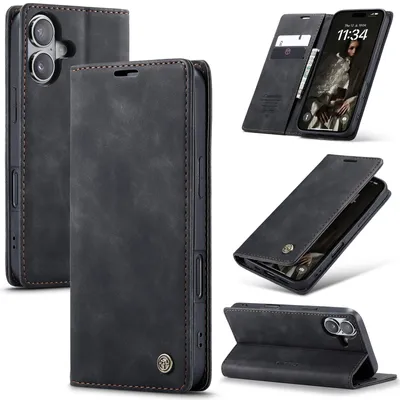 Produktbild von Hülle für iPhone 16 Retro Kunstledertasche mit Standfunktion Schutzhülle Schwarz
