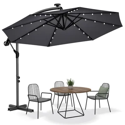 Zdjęcie produktu dla Parasol ogrodowy, średnica 300-350 cm, obrotowy, z mechanizmem ręcznym, ochrona UV40+, wodoodporny, z oświetleniem LED solarnym, kolor ciemnoszary, w zestawie podstawa krzyżakowa