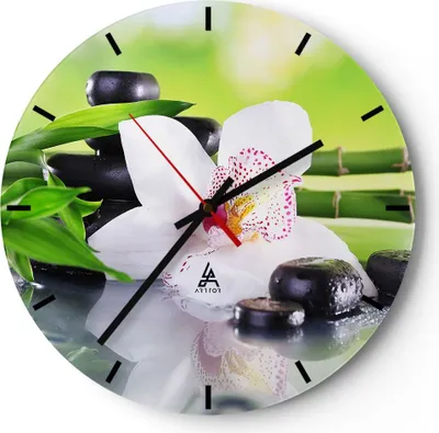 Produktbild von Wanduhr - Rund - Glasuhr - blume orchidee - 30x30cm - Schleichendes Uhrwerk - Lautlos - zum Aufhängen bereit - Dekoration Modern - Wanddekoration aus Glas - C3AR30x30-3659