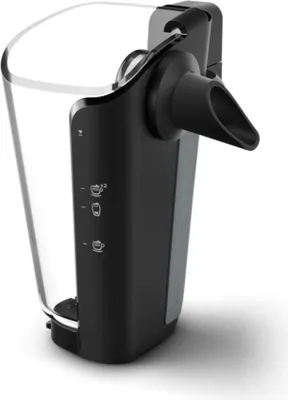 A close-up side view of a black and transparent coffee machine milk frother.