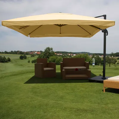 Zdjęcie produktu dla Parasol wspornikowy HWC-A96, parasol cateringowy 3x3m (Ø4,24m) poliester/aluminium 23kg ~ Klapa, kremowy ze stojakiem