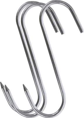 Two S-shaped metal hooks with pointed ends.
