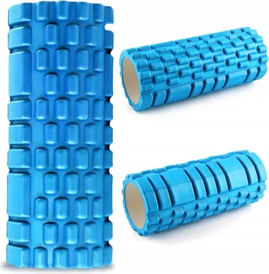 Three views of a blue foam roller with a textured surface.