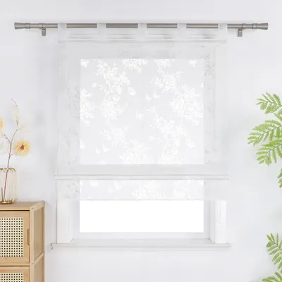 Produktbild von Joyswahl Raffrollo Pfingstrosen Muster Transparent Voile Raffgardinen mit Schlaufen Fensterrollo Blumen Design für Küche Wohnzimmer Weiß HxB: 140x60 cm