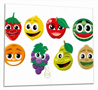 Produktbild von Wallario Herdabdeckplatte aus Glas, Größe 60 x 52 cm 2-teilig, Motiv Obst-Smilies im Comic-Stil - Lustige Früchte